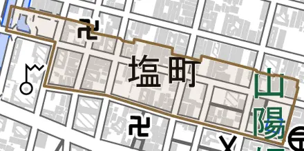 塩町とその周辺の地図。町の範囲を重ねている