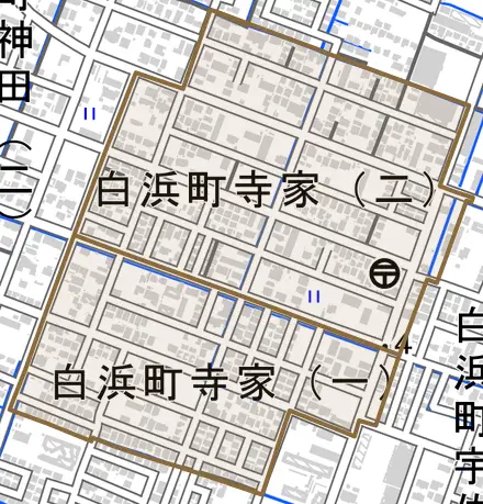 白浜町寺家とその周辺の地図。町の範囲を重ねている