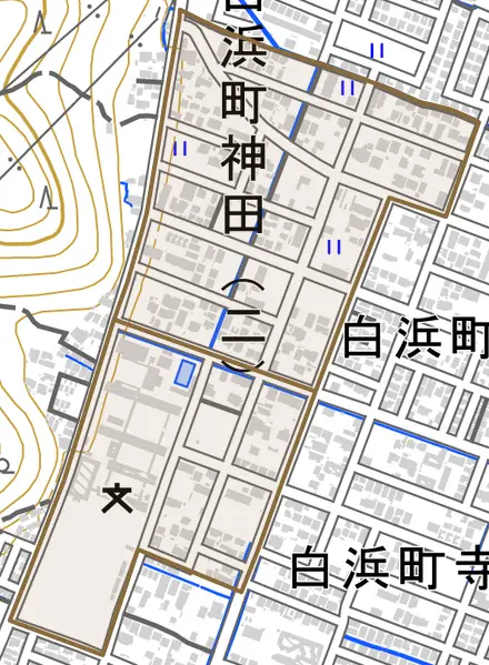 白浜町神田とその周辺の地図。町の範囲を重ねている