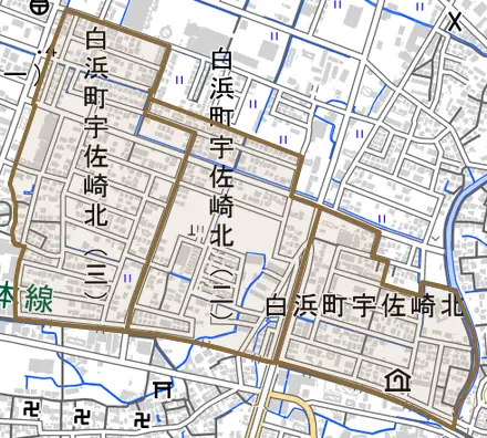 白浜町宇佐崎北とその周辺の地図。町の範囲を重ねている