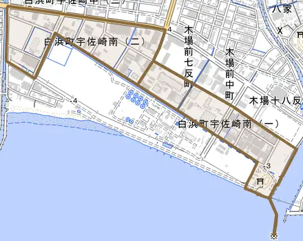 白浜町宇佐崎南とその周辺の地図。町の範囲を重ねている