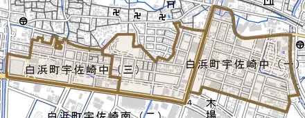 白浜町宇佐崎中とその周辺の地図。町の範囲を重ねている