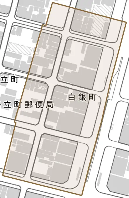 白銀町とその周辺の地図。町の範囲を重ねている