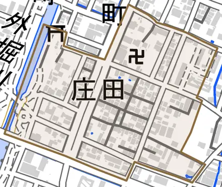 庄田とその周辺の地図。町の範囲を重ねている