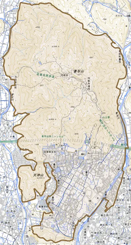 書写とその周辺の地図。町の範囲を重ねている