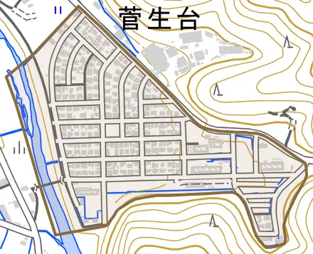 菅生台とその周辺の地図。町の範囲を重ねている
