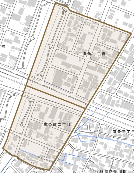 三条町とその周辺の地図。町の範囲を重ねている