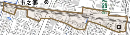 市之郷とその周辺の地図。町の範囲を重ねている