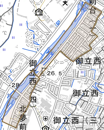 北夢前台とその周辺の地図。町の範囲を重ねている