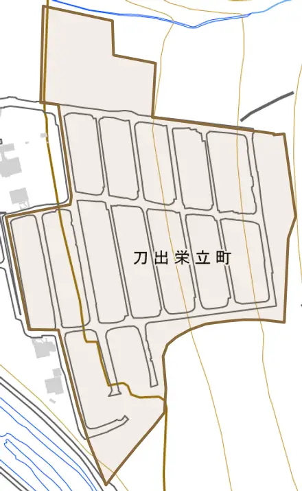 刀出栄立町とその周辺の地図。町の範囲を重ねている