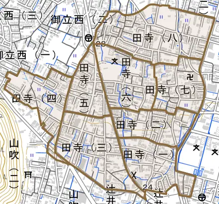 田寺とその周辺の地図。町の範囲を重ねている