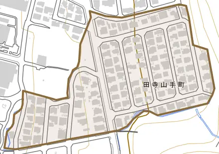 田寺山手町とその周辺の地図。町の範囲を重ねている