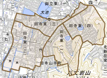 田寺東とその周辺の地図。町の範囲を重ねている