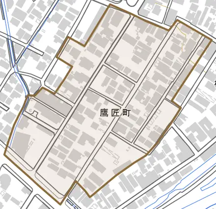 鷹匠町とその周辺の地図。町の範囲を重ねている