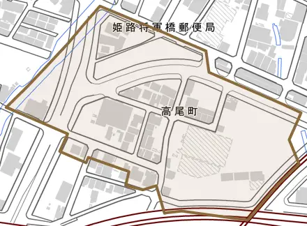 高尾町とその周辺の地図。町の範囲を重ねている