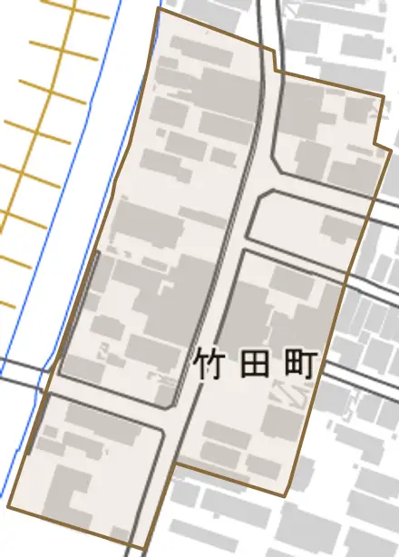 竹田町とその周辺の地図。町の範囲を重ねている