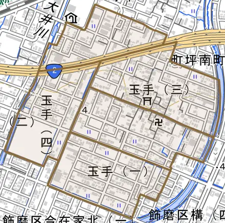 玉手とその周辺の地図。町の範囲を重ねている