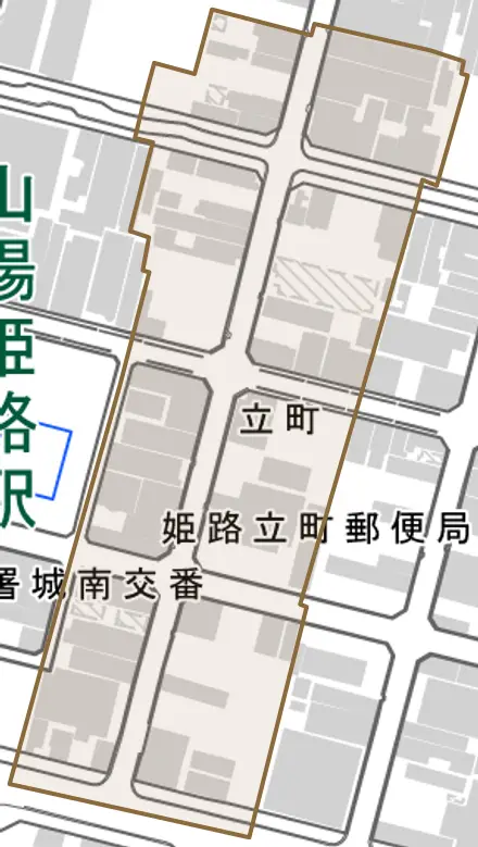立町とその周辺の地図。町の範囲を重ねている