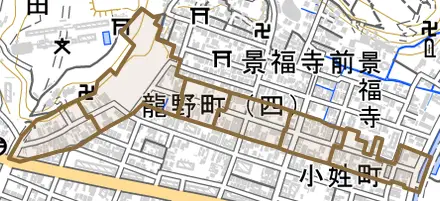 龍野町とその周辺の地図。町の範囲を重ねている