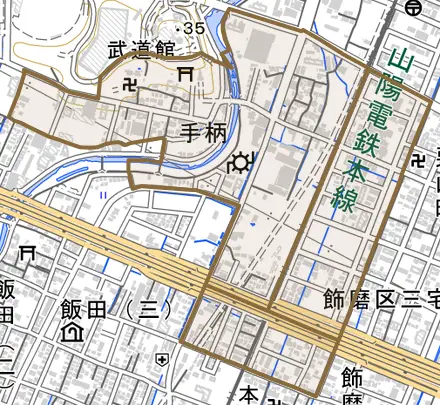 手柄とその周辺の地図。町の範囲を重ねている