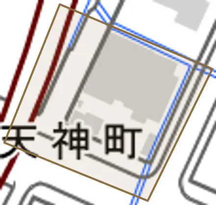 天神町とその周辺の地図。町の範囲を重ねている