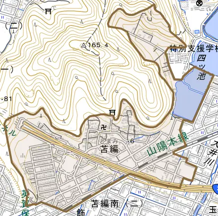 苫編とその周辺の地図。町の範囲を重ねている