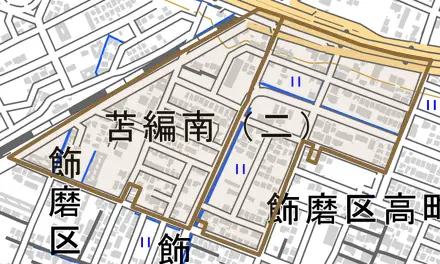 苫編南とその周辺の地図。町の範囲を重ねている