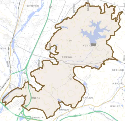 豊富町神谷とその周辺の地図。町の範囲を重ねている