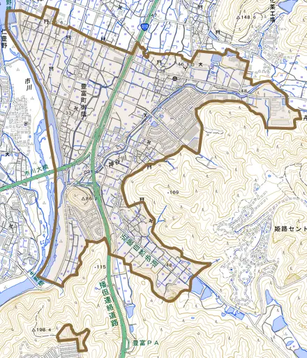 豊富町御蔭とその周辺の地図。町の範囲を重ねている