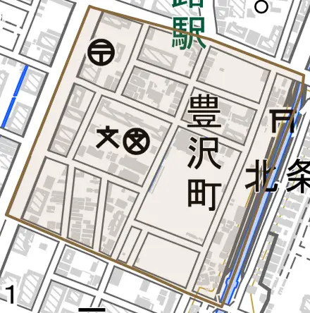 豊沢町とその周辺の地図。町の範囲を重ねている
