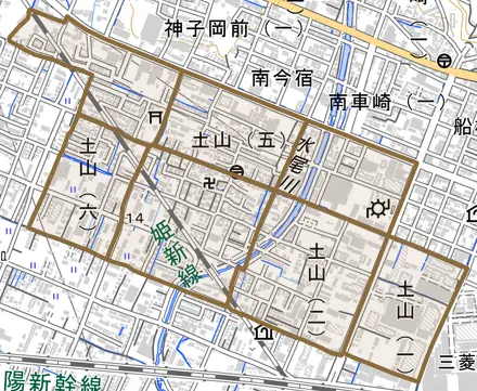 土山とその周辺の地図。町の範囲を重ねている