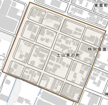 土山東の町とその周辺の地図。町の範囲を重ねている