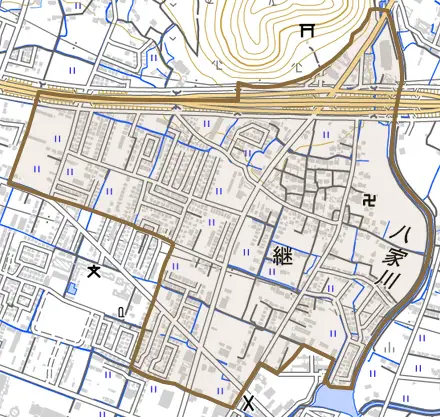 継とその周辺の地図。町の範囲を重ねている