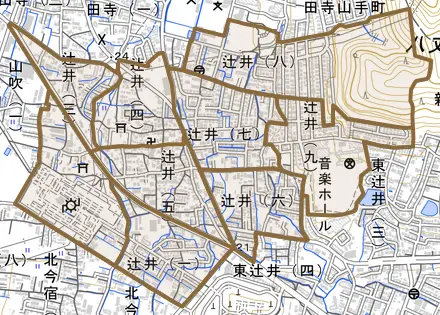辻井とその周辺の地図。町の範囲を重ねている