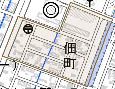 佃町とその周辺の地図。町の範囲を重ねている