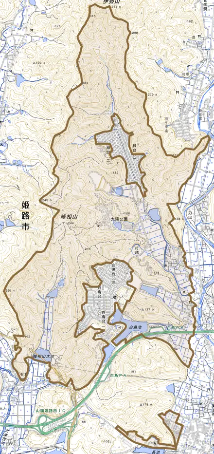 打越とその周辺の地図。町の範囲を重ねている