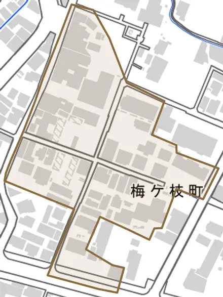 梅ケ枝町とその周辺の地図。町の範囲を重ねている