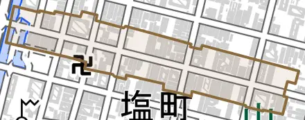 魚町とその周辺の地図。町の範囲を重ねている