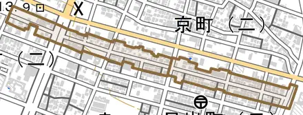 若菜町とその周辺の地図。町の範囲を重ねている