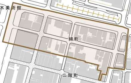 綿町とその周辺の地図。町の範囲を重ねている