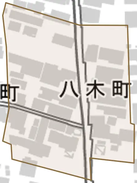 八木町とその周辺の地図。町の範囲を重ねている