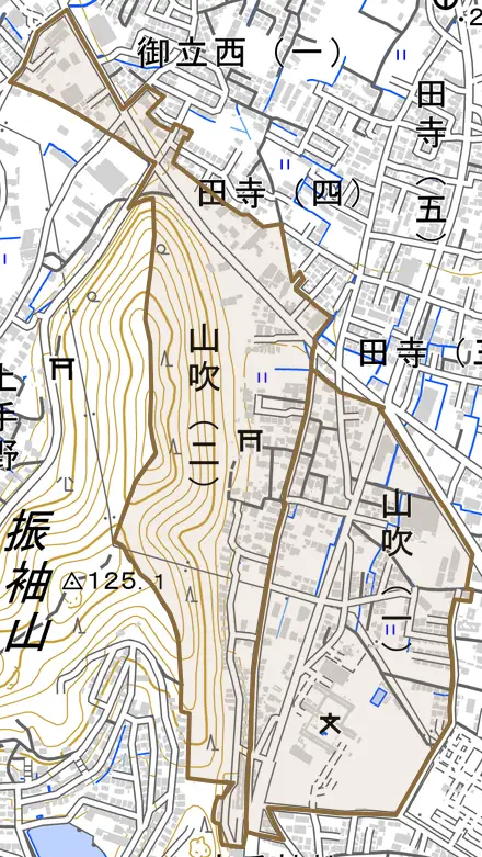 山吹とその周辺の地図。町の範囲を重ねている