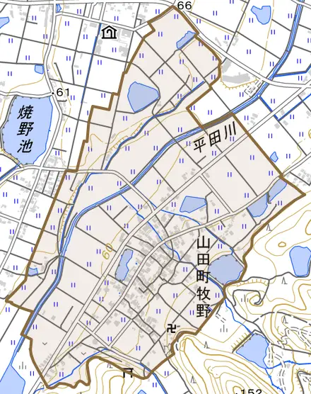 山田町牧野とその周辺の地図。町の範囲を重ねている