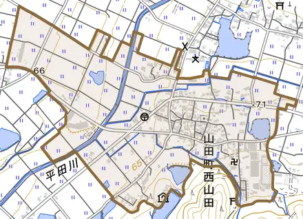 山田町西山田とその周辺の地図。町の範囲を重ねている