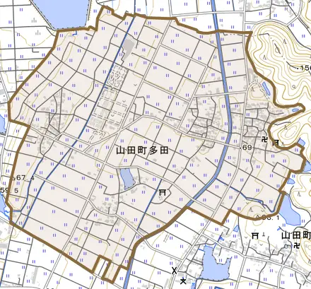 山田町多田とその周辺の地図。町の範囲を重ねている