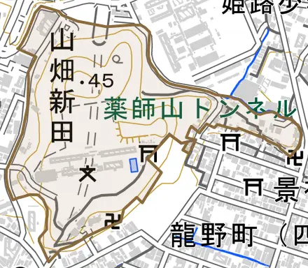 山畑新田とその周辺の地図。町の範囲を重ねている