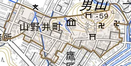 山野井町とその周辺の地図。町の範囲を重ねている