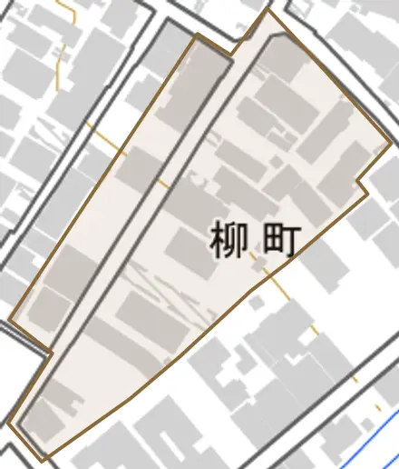 柳町とその周辺の地図。町の範囲を重ねている