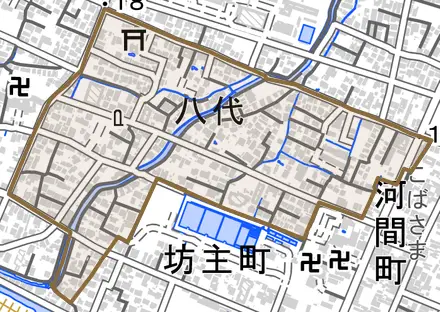 八代とその周辺の地図。町の範囲を重ねている