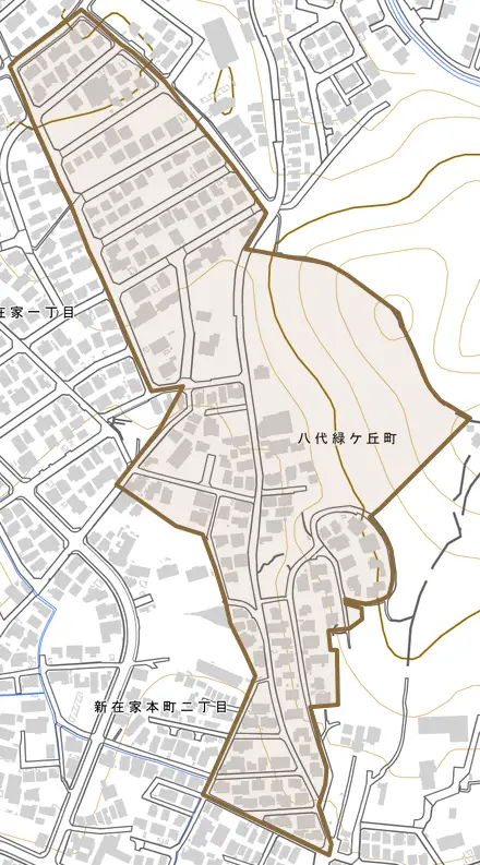 八代緑ケ丘町とその周辺の地図。町の範囲を重ねている